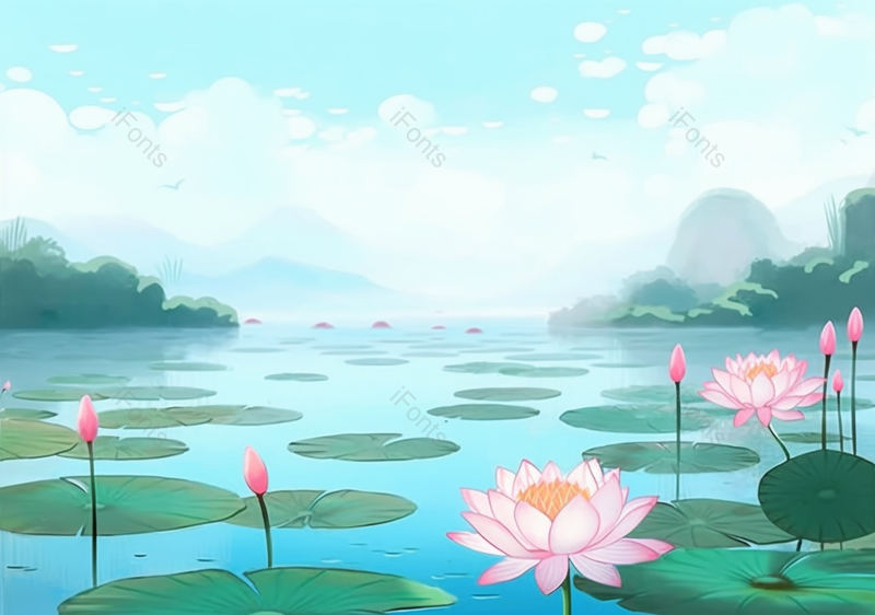 中国风意境插画夏季山水荷花图水彩画,插画/手绘图,插画/手绘图库,插画/手绘图下载,插画/手绘